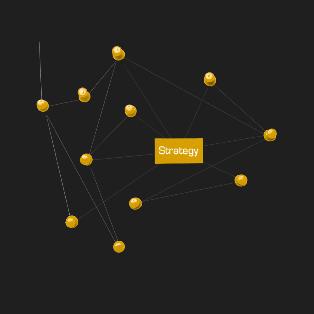 yellow dots connected on black background with word strategy in center representing STRATEGY & EXECUTION: CONNECTING SOME DOTS