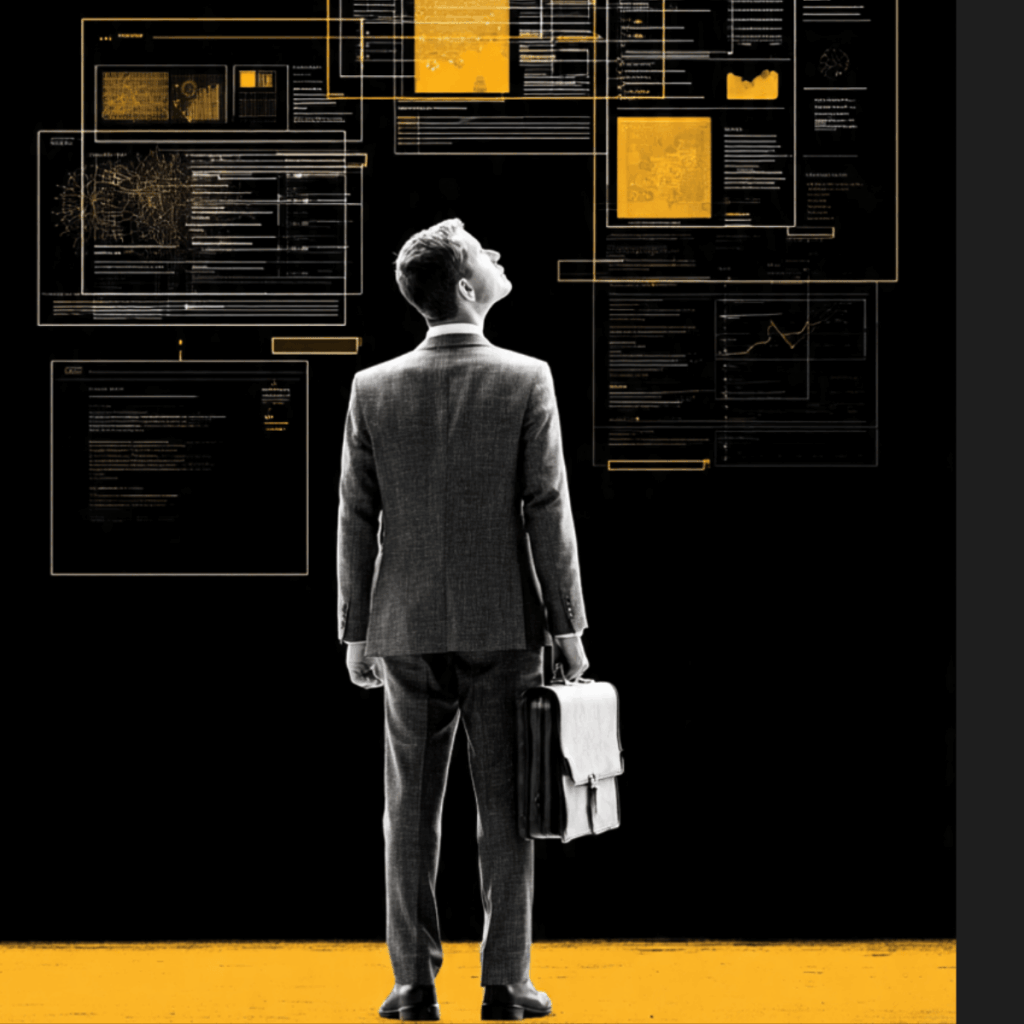 conceptual inage of salesman looking up at a stack of powerpoint presentations representing SKO season