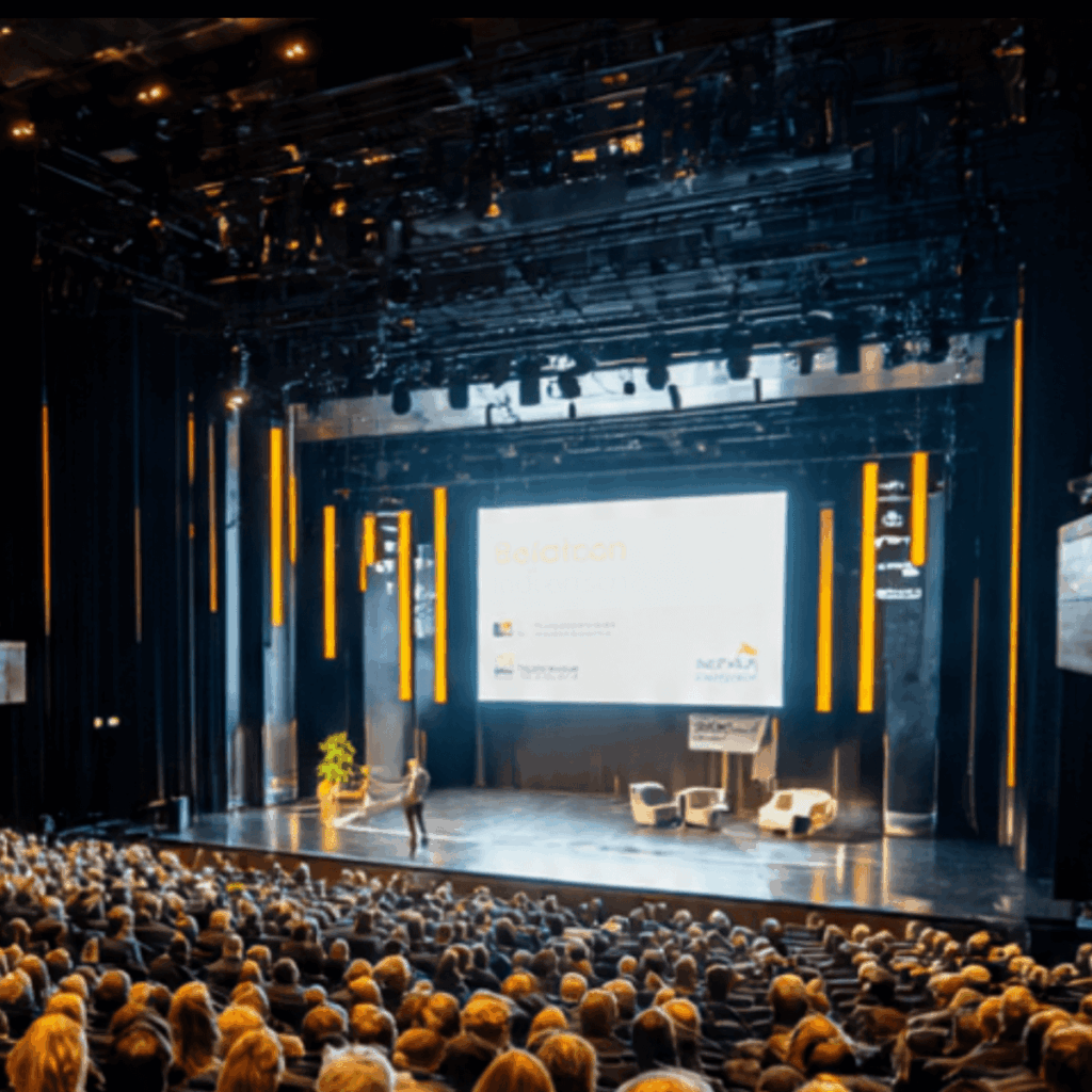 large auditorium with business people, presenter on stage with large white screen representing a better SKI