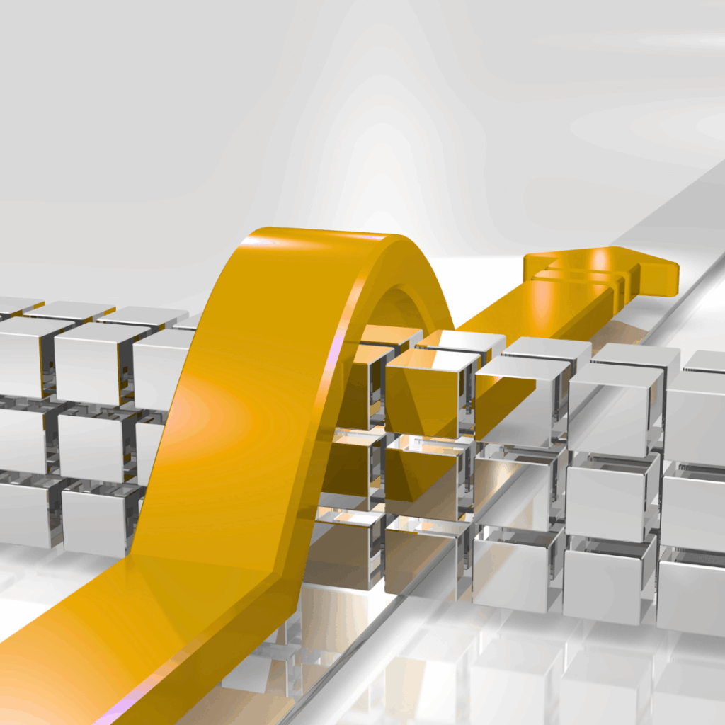 conceptual image of yellow arrow going over a glass brick wall representing hidden blocks