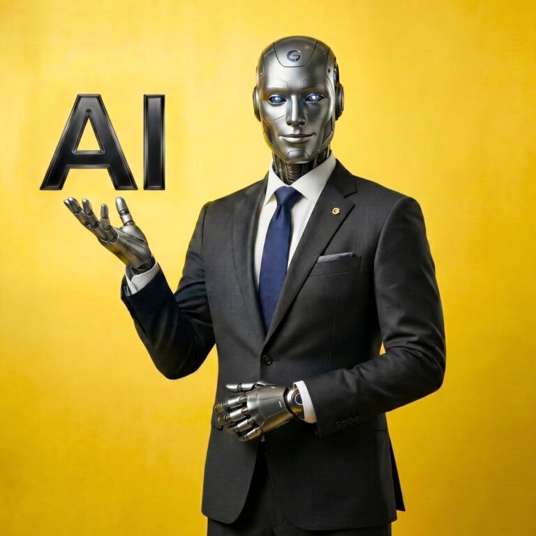 Sales robot holding uo the words AI